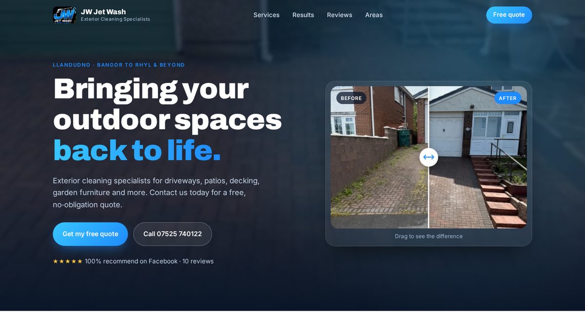 Homepage of the JW Jet Wash Services website